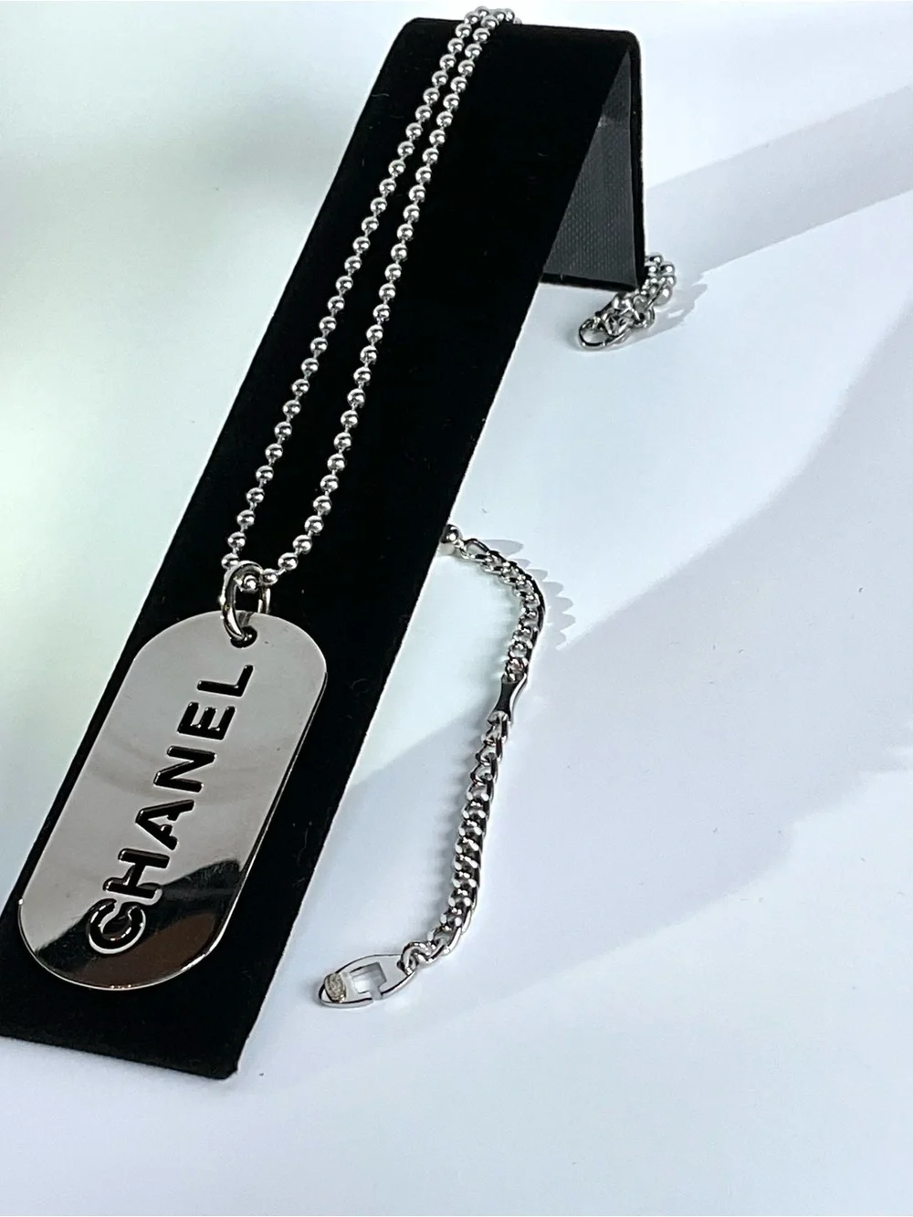 CHANEL Silver Engraved Dog Tag Necklace/Bag Charm